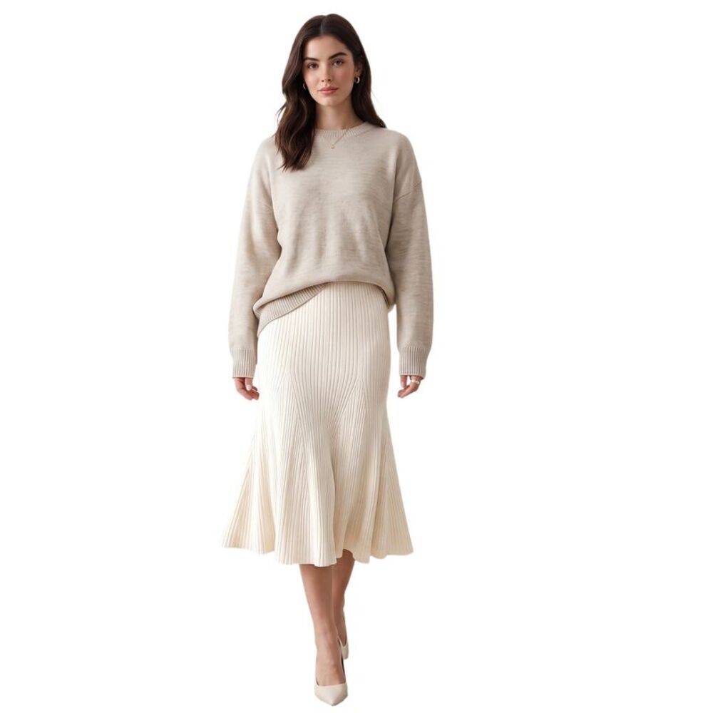 Women Elegant Ribbed Fishtail Maxi Skirt Elastic Waist Sweater Skirts Apricot